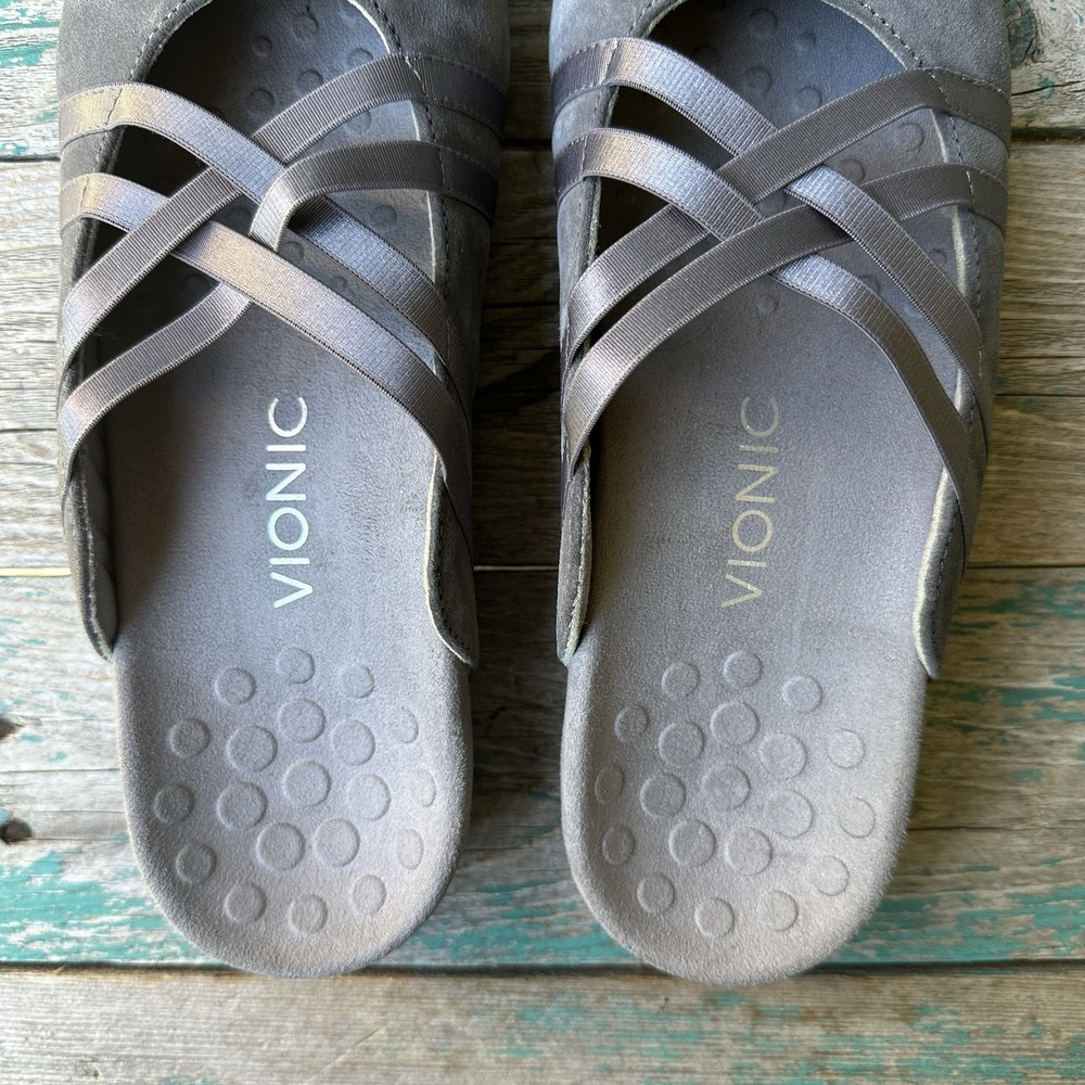 Vionic Gray Suede Slip-On Mules with Crisscross Straps - Picture 3 of 9